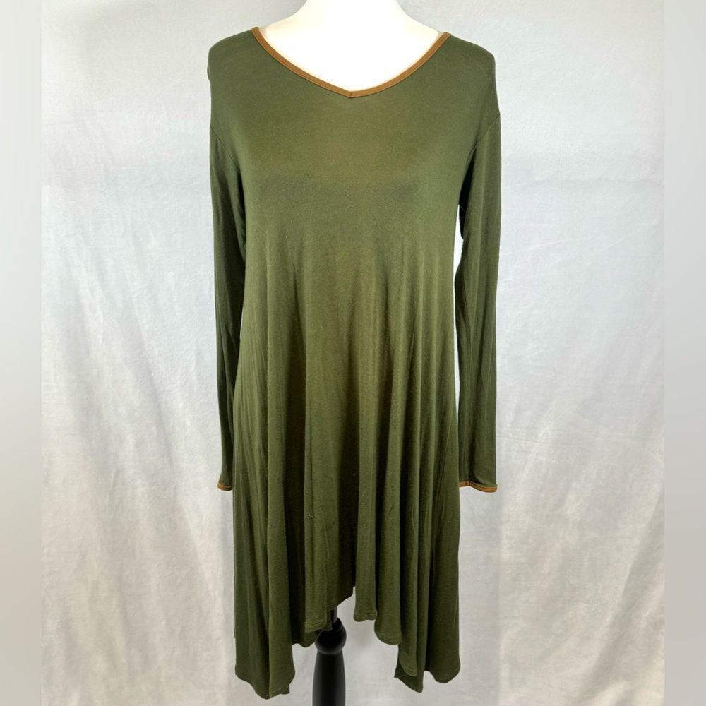 Long Sleeve Army Green Dress With Brown Suede Trim Size Small